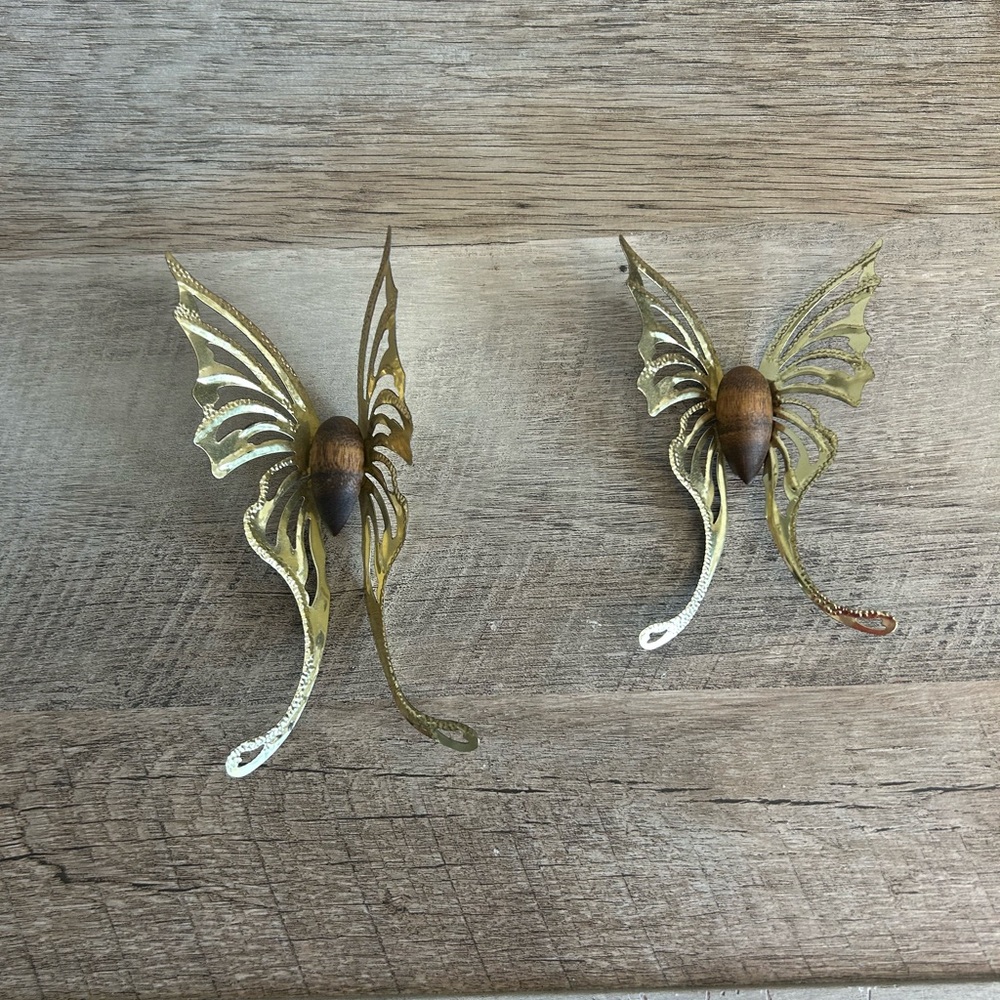 VINTAGE HOMCO BUTTERFLY BRASS WOOD WALL PLAQUES HANGINGS HOME‎ INTERIOR